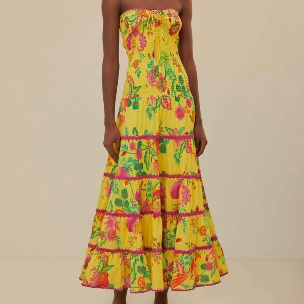 Farm Rio Delicate Fruit Garden Yellow Smocked Strapless Halter Tiered Maxi Dress - Picture 5 of 14